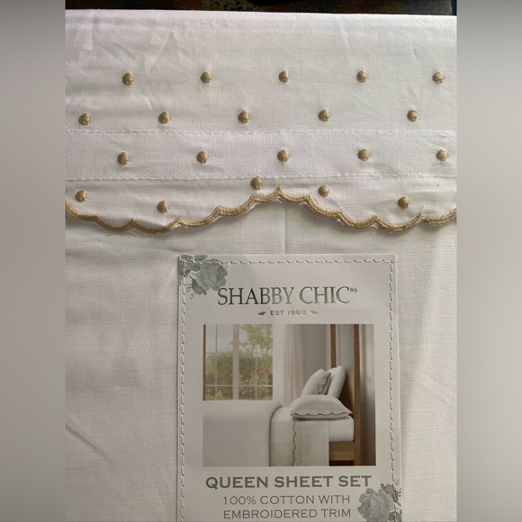 Shabby Chic White Cotton Enbroidered Scallop Dot Natural QUEEN Sheet Set 4pc - Picture 7 of 13